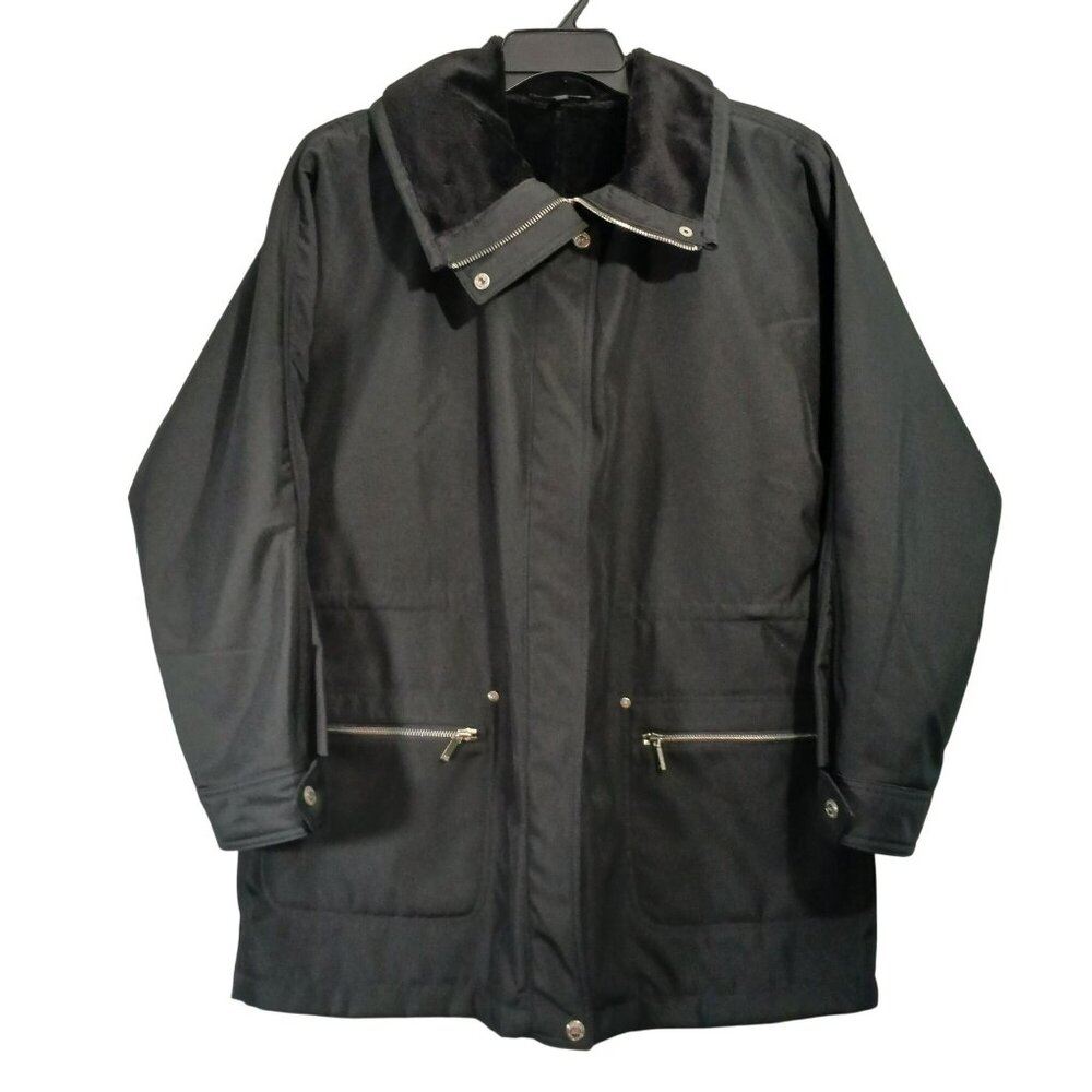 Anne Klein Women XL Black Faux Fur Lined Jacket Coat With Zip & Snap Closure